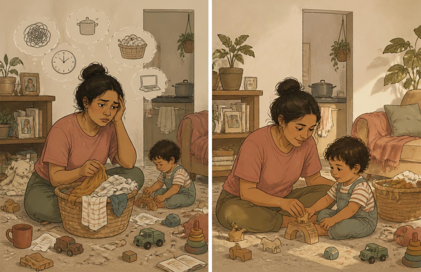 Ilustración de la misma mamá en dos momentos: primero sobreviviendo, después con un poco más de espacio para respirar.