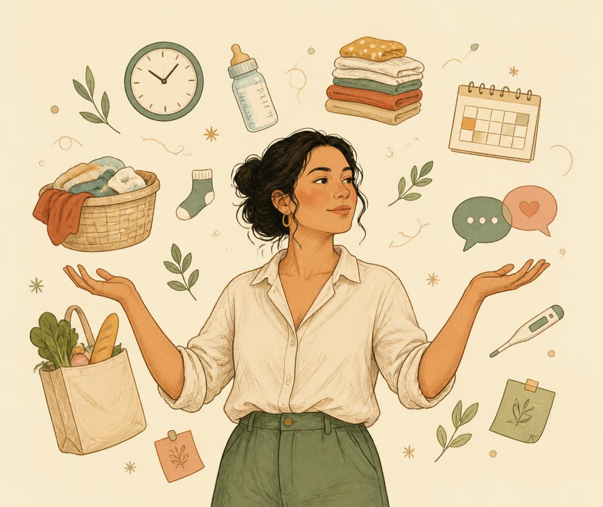 Ilustración de una mamá rodeada de símbolos de la carga mental: reloj, biberón, ropa, calendario, recados.
