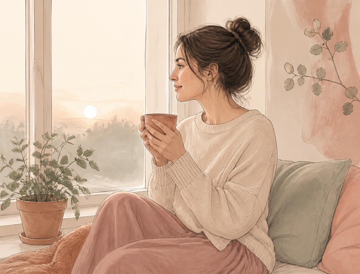 Ilustración serena de una mamá disfrutando de un momento tranquilo con una taza de té junto a la ventana.
